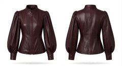 A dark burgundy leather jacket shown from both the front and back views, featuring a high mock neck, front zipper, and voluminous balloon sleeves, set against a plain white background.