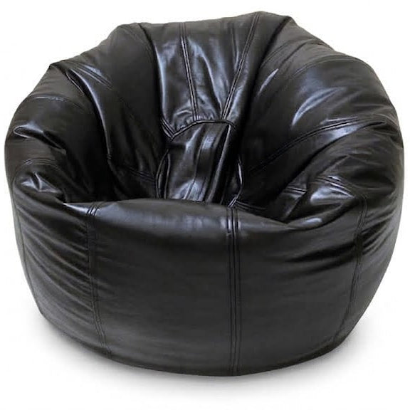 A black leather bean bag chair with a rounded, puffy shape and stitched panel details, shown on a plain white background.