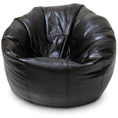 A black leather bean bag chair with a rounded, puffy shape and stitched panel details, shown on a plain white background.