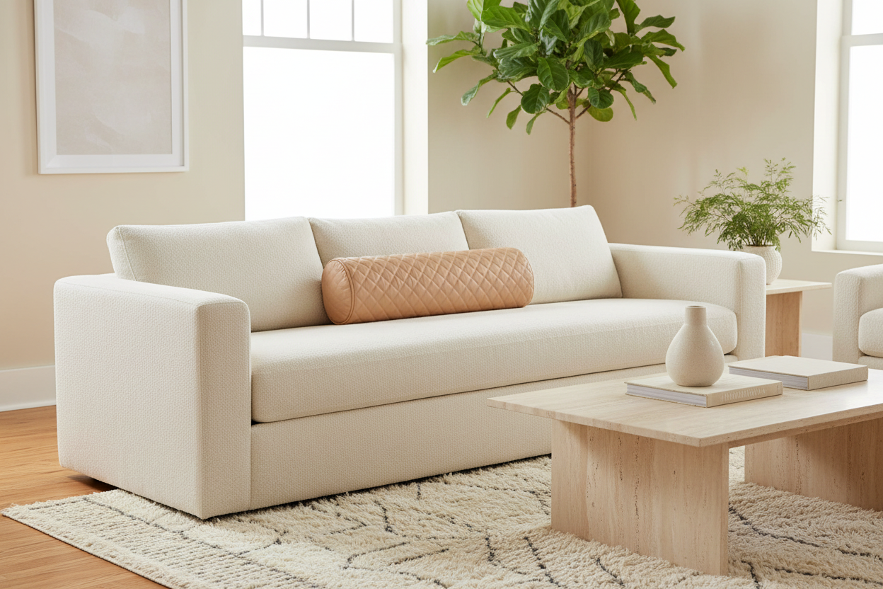 A modern off-white upholstered sofa in a bright, neutral living room setting, styled with a peach quilted lumbar pillow, a light wood coffee table, and a patterned rug.