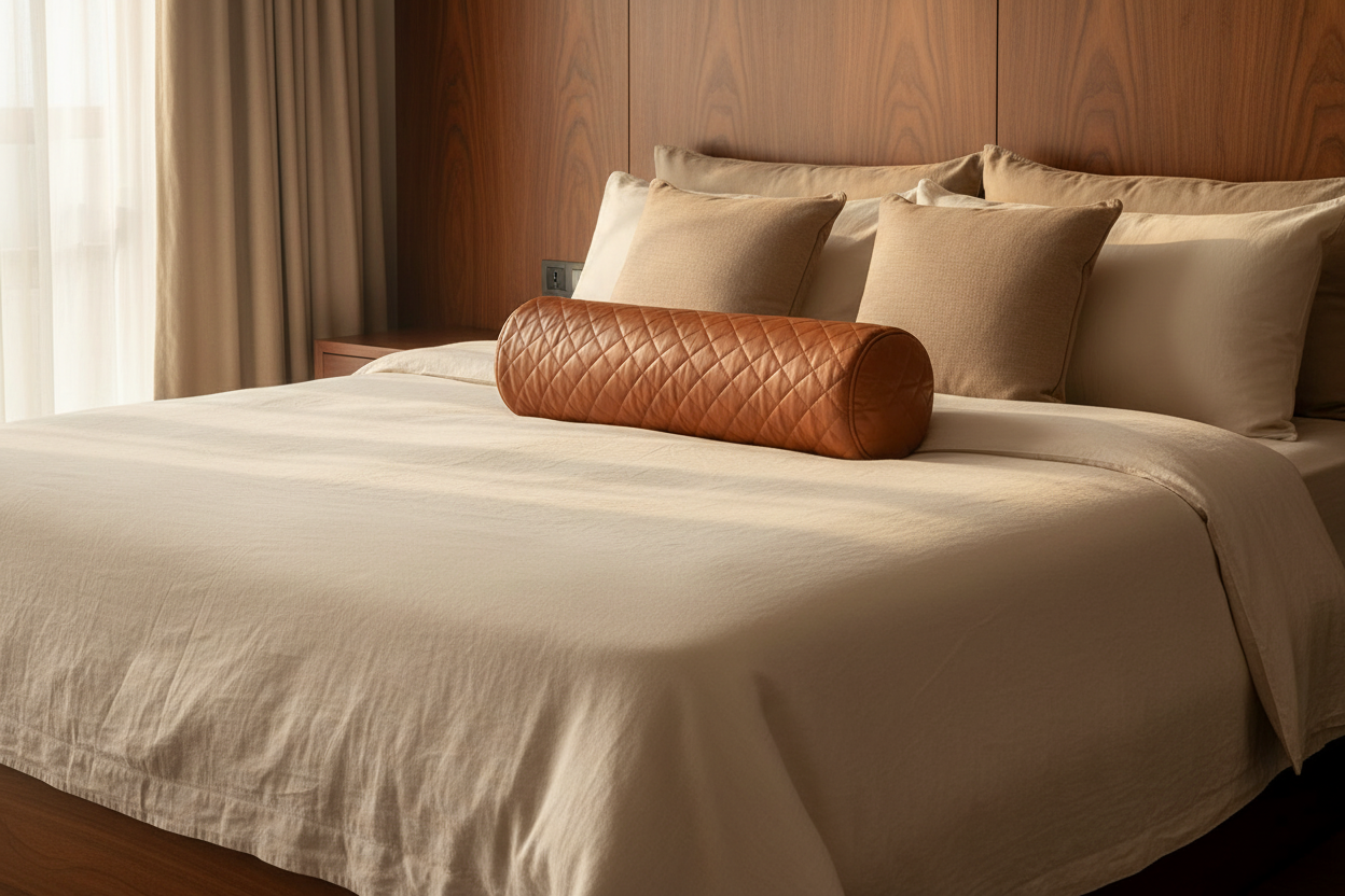 A bed dressed in beige linens with multiple beige pillows and a brown quilted cylindrical bolster pillow, set against a dark wood headboard in a softly lit bedroom.