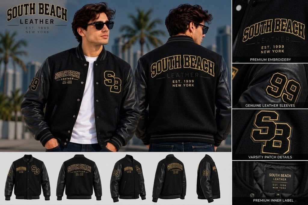 A collage showing a man wearing a black varsity-style leather jacket from the front and back, with close-up detail panels on the right. The jacket has gold and white embroidered 'South Beach Leather' lettering and 'SB' monograms.