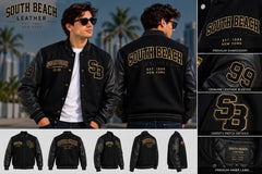 A collage showing a man wearing a black varsity-style leather jacket from the front and back, with close-up detail panels on the right. The jacket has gold and white embroidered 'South Beach Leather' lettering and 'SB' monograms.