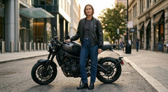 A woman in a black leather jacket, dark gray t-shirt, and blue jeans stands next to a black cruiser motorcycle on an urban street.