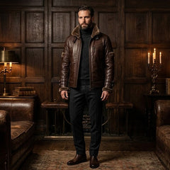 Men’s Brown Genuine Leather Jacket with Fur Collar – Aviator Style