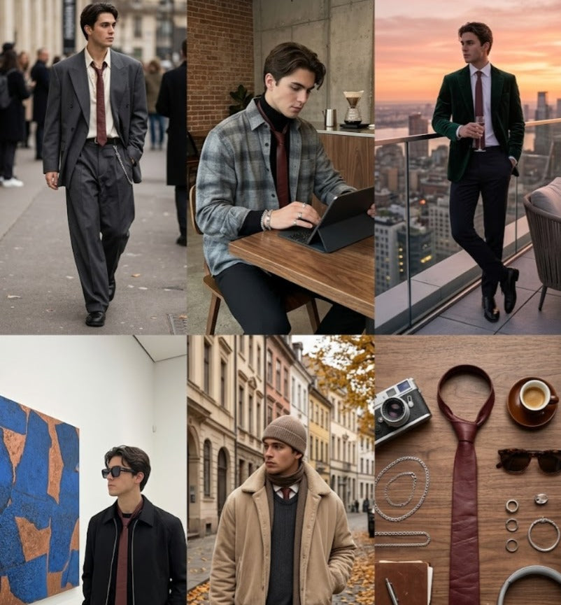 A six-panel collage showing men in stylish formal outfits, including suits, plaid shirts, and dress shirts with ties, in real-world settings like city streets, a rooftop terrace, an art gallery, and a cafe. A top-right panel shows a man in a dark green blazer and pink tie on a balcony at sunset.