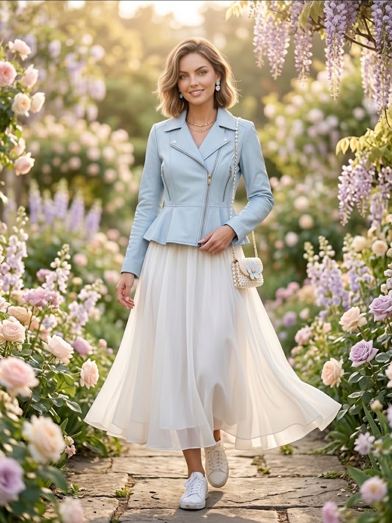 A woman stands on a stone path in a flower garden, wearing a light blue peplum jacket over a flowing white midi skirt, with white sneakers and a small cream shoulder bag.