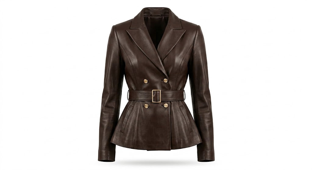 A dark brown leather double-breasted blazer with a matching belt and gold-tone buckle, displayed on a clean white background.