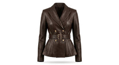 A dark brown leather double-breasted blazer with a matching belt and gold-tone buckle, displayed on a clean white background.