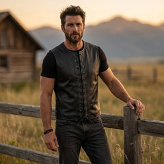 Men’s Genuine Leather Lace-Up Vest – Sleeveless Biker Style