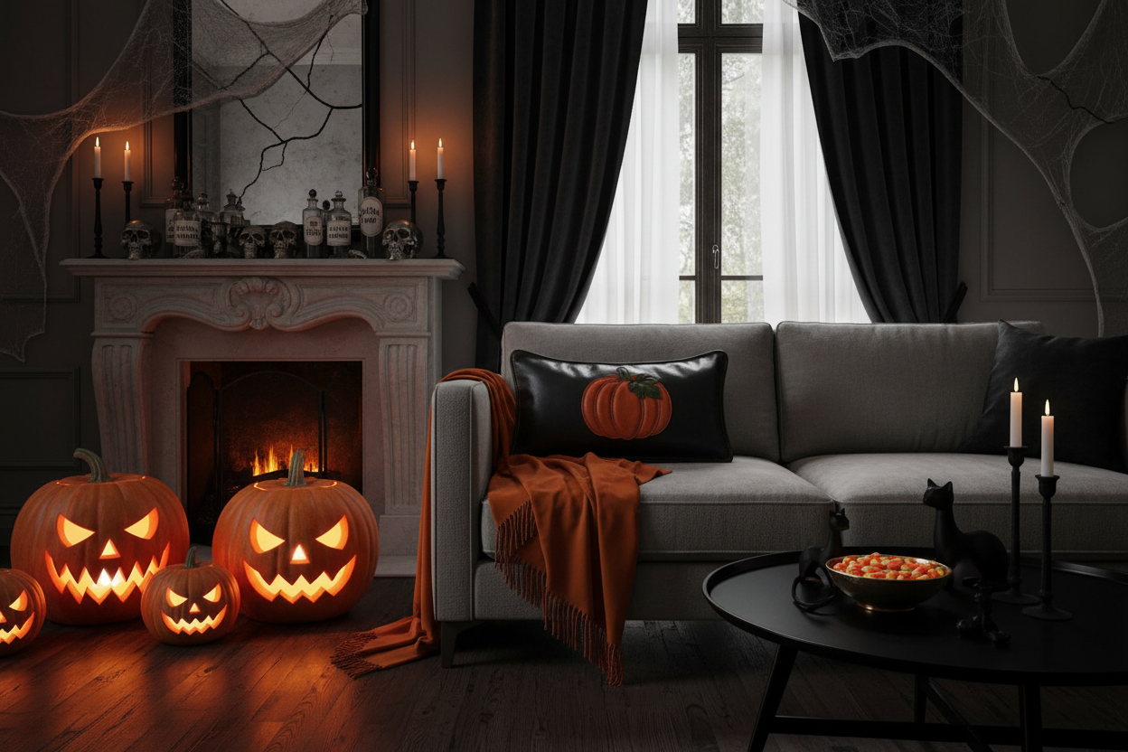A cozy Halloween-themed living room scene with carved jack-o'-lantern pumpkins on the floor, a black sofa with a pumpkin-patterned pillow, black drapes, a fireplace with candles, and a round coffee table with a bowl of candy and a black cat figurine.