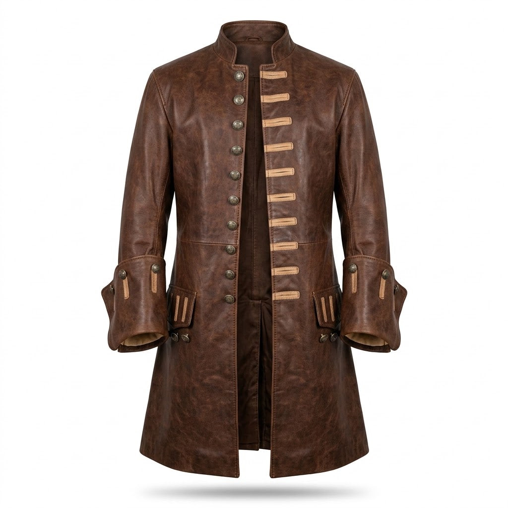 A brown leather military-style coat with a high collar, front button closure, decorative strap details, and large patch pockets, shown on a white background.