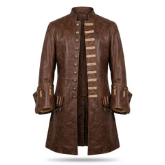 A brown leather military-style coat with a high collar, front button closure, decorative strap details, and large patch pockets, shown on a white background.