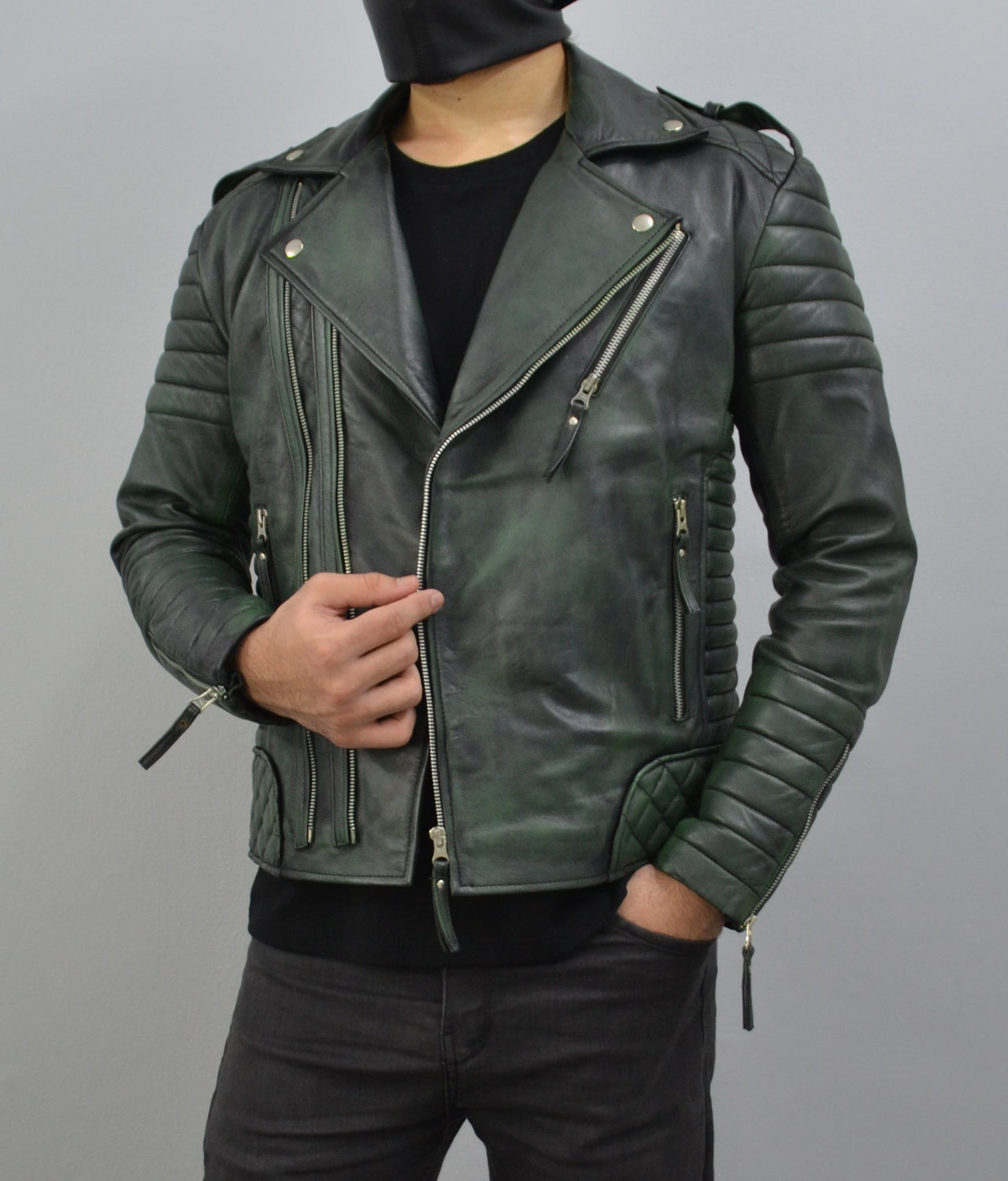 Men's Brando Burnt Green Motorcycle Genuine Leather Biker Jacket