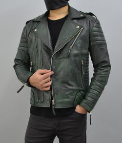 Men's Brando Camo Green Motorcycle Geniune Leather Biker Jacket