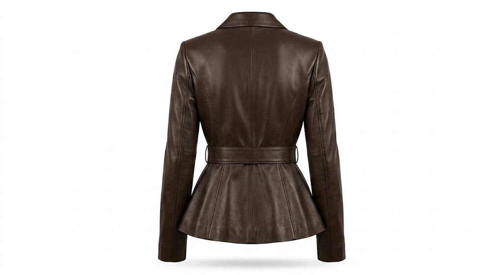 A dark brown faux leather peplum blazer shown from the back, featuring a structured collar, long sleeves, and a matching waist belt, set against a plain white background.
