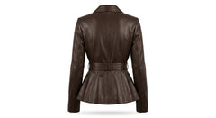 A dark brown faux leather peplum blazer shown from the back, featuring a structured collar, long sleeves, and a matching waist belt, set against a plain white background.