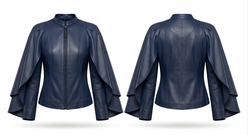 A navy blue faux leather jacket shown from both the front and back views. The jacket features a stand-up collar, a front zipper, and dramatic layered ruffle sleeves.
