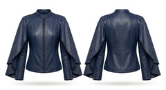 A navy blue faux leather jacket shown from both the front and back views. The jacket features a stand-up collar, a front zipper, and dramatic layered ruffle sleeves.