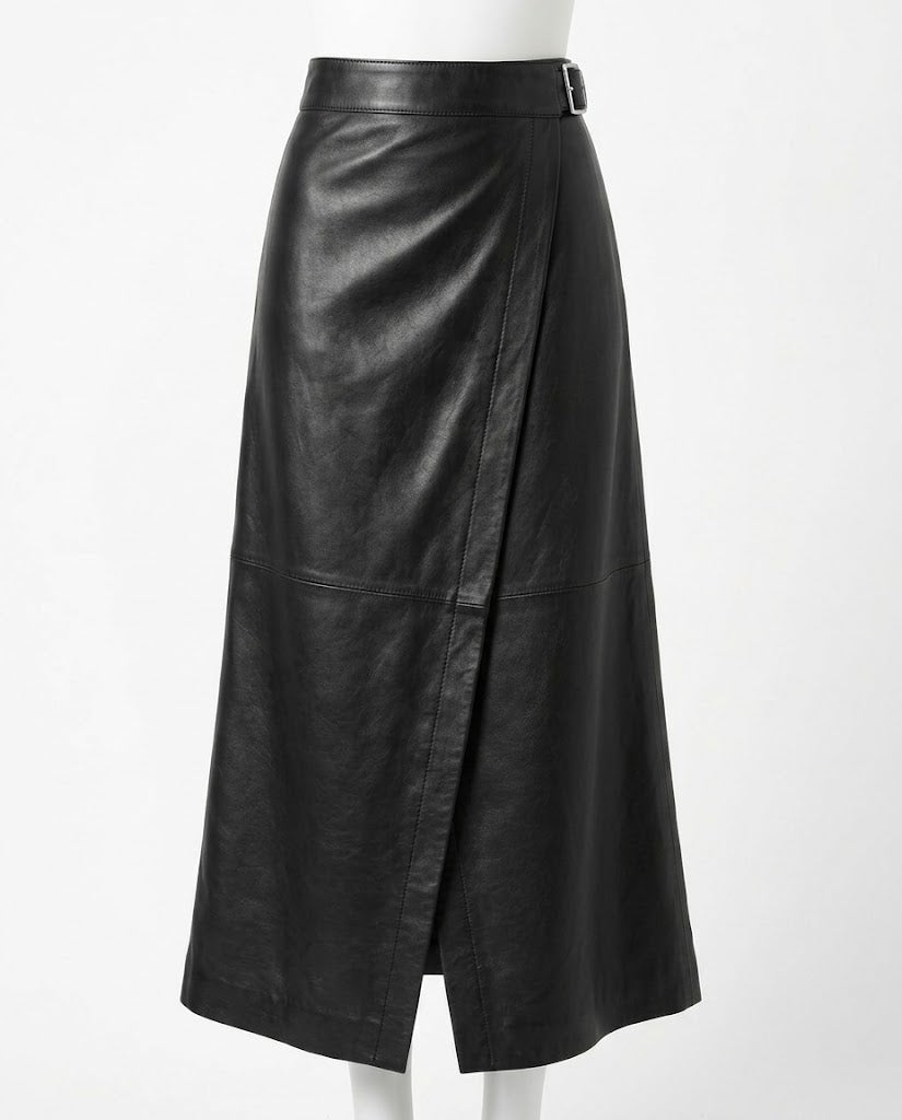 A black leather midi skirt with a wrap-style front and a small belt buckle at the waist, displayed on a white mannequin against a plain white background.