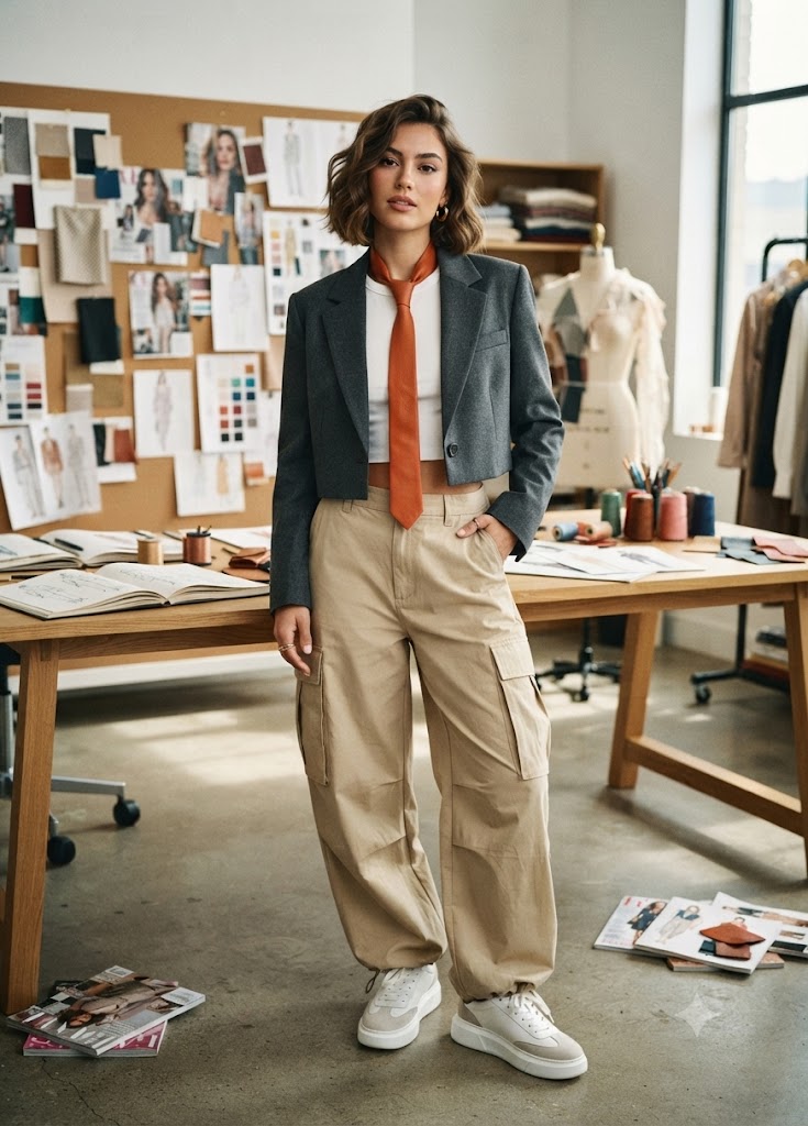 A woman stands in a fashion design studio wearing a dark gray cropped blazer, beige cargo pants, a white shirt, and an orange necktie. The background features a corkboard with sketches, a dress form, and work tables.