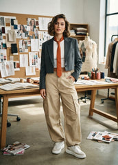 A woman stands in a fashion design studio wearing a dark gray cropped blazer, beige cargo pants, a white shirt, and an orange necktie. The background features a corkboard with sketches, a dress form, and work tables.