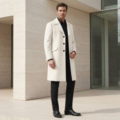 Men’s White Wool Trench Coat with Half-Belted Back