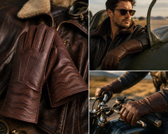 A three-panel collage showcasing dark brown leather motorcycle gloves. The left panel shows a close-up of a single leather glove with wavy stitched detailing on the back of the hand.
