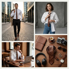 Antique Brown Genuine Leather Necktie – Handcrafted Lamb Leather Tie for Men