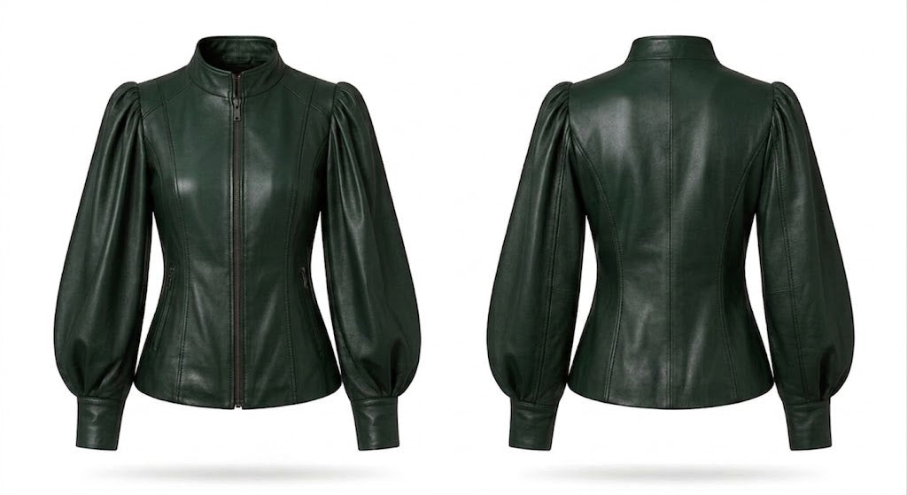 A dark forest green leather jacket shown from both the front and back views, featuring a high stand-up collar, front zipper, and voluminous balloon sleeves, set against a plain white background.