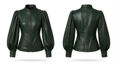 A dark forest green leather jacket shown from both the front and back views, featuring a high stand-up collar, front zipper, and voluminous balloon sleeves, set against a plain white background.