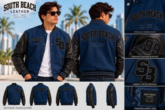 A navy blue varsity-style leather jacket with black leather sleeves and black trim, shown on a male model from the front and back in an outdoor beach setting. The image includes close-up detail panels on the right and smaller alternate color/embroidery views along the bottom, with visible branding reading South Beach Leather.