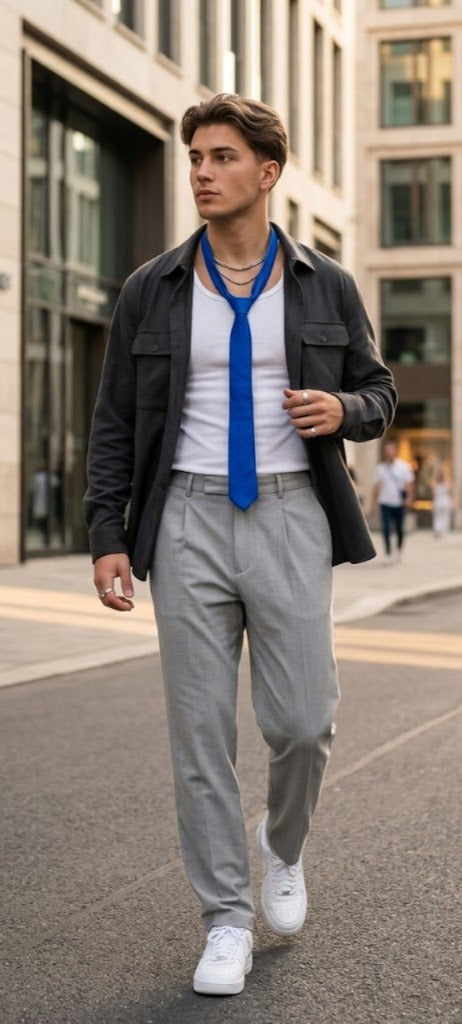 A man walking on a city street wearing a black jacket, white t-shirt, bright blue necktie, light gray trousers, and white sneakers.
