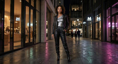 A woman stands on a city street at night wearing a black leather jacket and matching black leather pants over a white top and black boots. Storefronts with glowing signs line both sides of the walkway.
