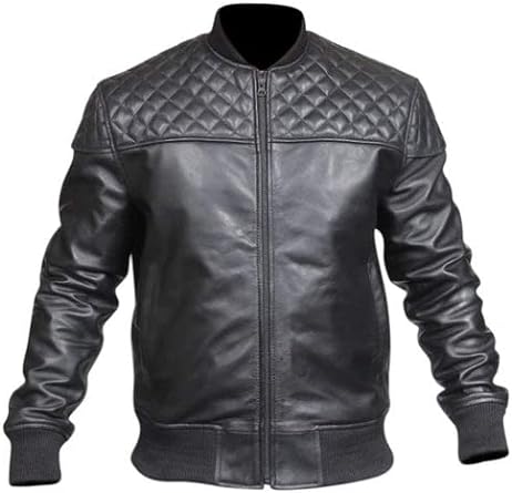 Men's Motorcycle Quilted Shoulder Rib Design Slim Fit Cafe Racer Biker Leather Jacket