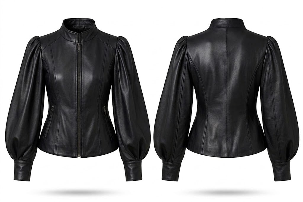 Black leather jacket with a stand collar, front zipper, and voluminous balloon sleeves, shown from both the front and back views on a white background.