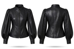 Black leather jacket with a stand collar, front zipper, and voluminous balloon sleeves, shown from both the front and back views on a white background.