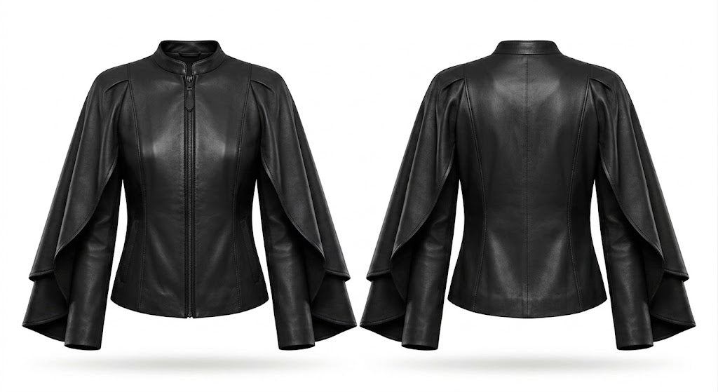 Black faux leather jacket shown from both front and back views, featuring a stand-up collar, front zipper, and dramatic draped cape sleeves, set against a plain white background.