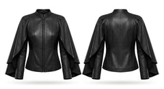 Black faux leather jacket shown from both front and back views, featuring a stand-up collar, front zipper, and dramatic draped cape sleeves, set against a plain white background.