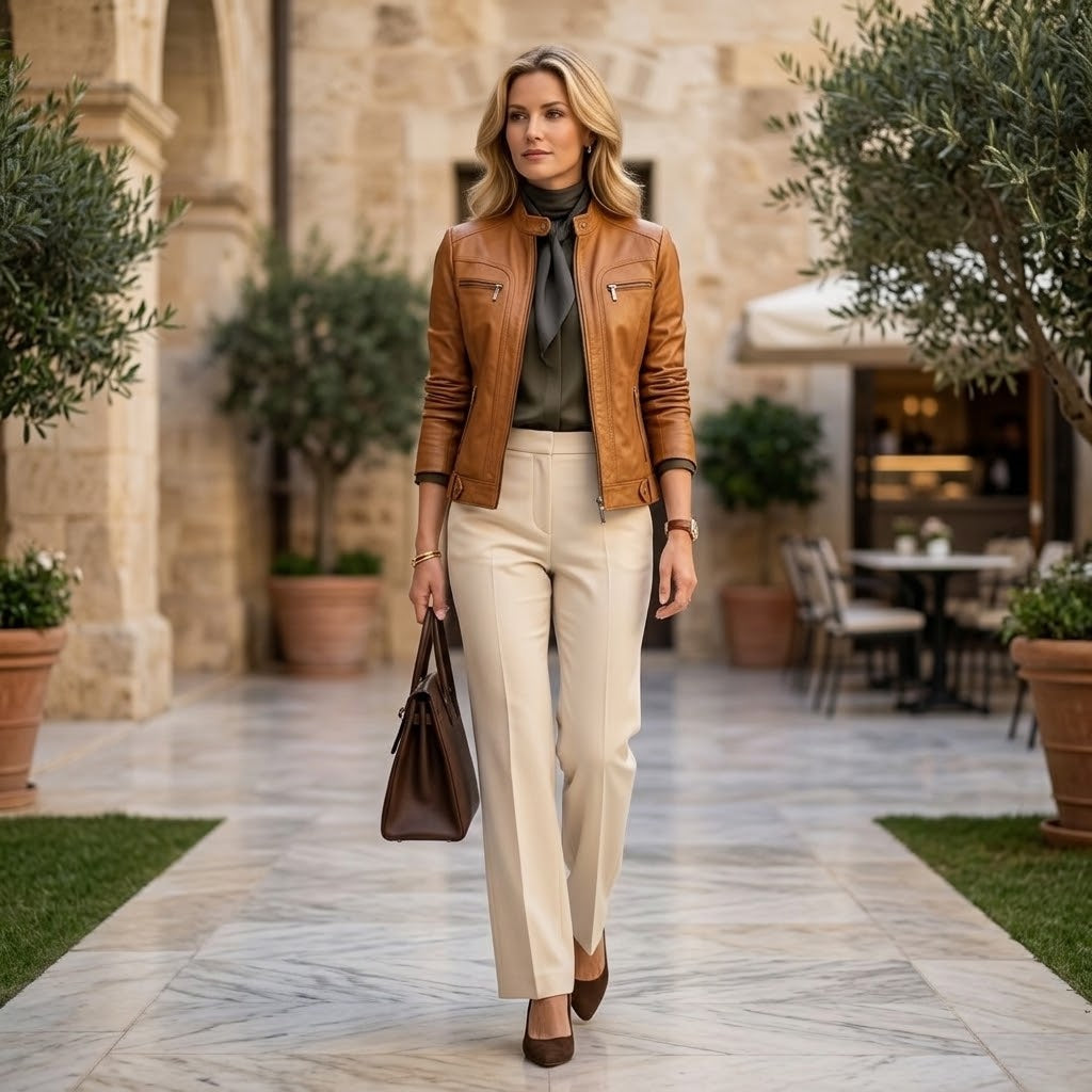 A woman walking outdoors in a stone courtyard wearing a brown leather moto jacket, cream wide-leg trousers, a dark olive top, and brown heels, while carrying a brown handbag.