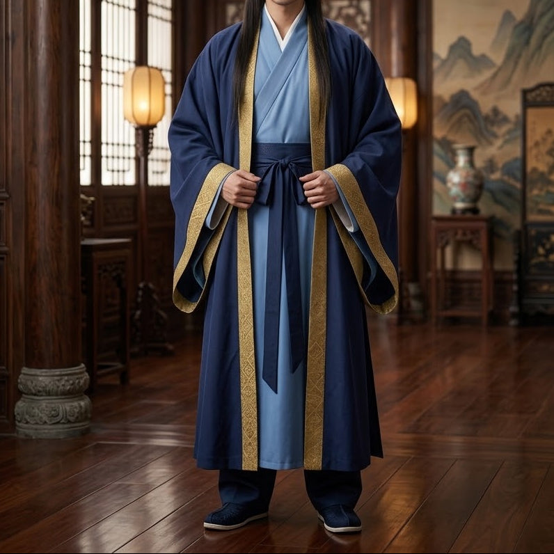 A man wearing a traditional Chinese Hanfu robe stands in a detailed wooden courtyard. The robe features a deep navy blue body with wide gold-trimmed sleeves and a light blue inner layer visible at the collar and front opening.