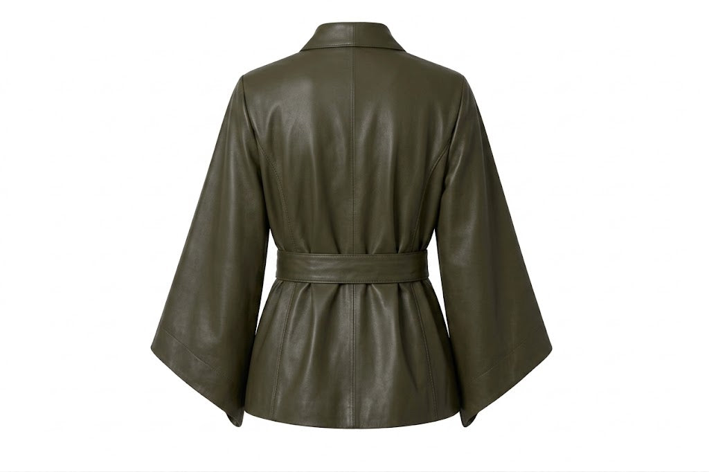 An olive green leather jacket with a belted waist and wide sleeves, shown from the back against a plain white background.