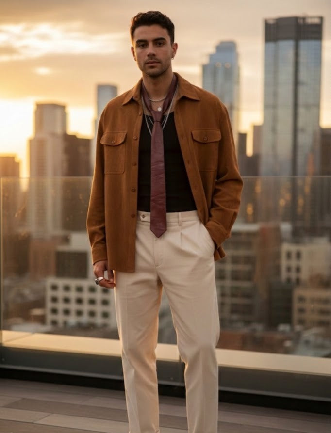 A man stands on a rooftop terrace at sunset wearing a brown overshirt, cream trousers, a black shirt, and a burgundy tie, with a blurred city skyline in the background.