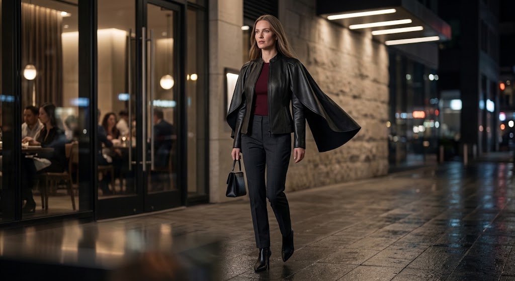 A woman walks down a city street at night wearing a black leather cape jacket, dark gray trousers, a burgundy top, and black boots, carrying a black handbag.