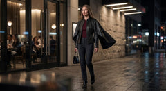 A woman walks down a city street at night wearing a black leather cape jacket, dark gray trousers, a burgundy top, and black boots, carrying a black handbag.