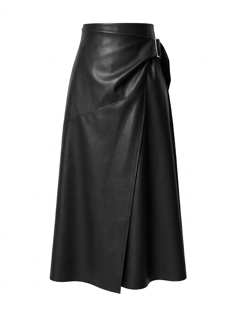 Women’s Black Leather Wrap Skirt – Asymmetric Midi Style