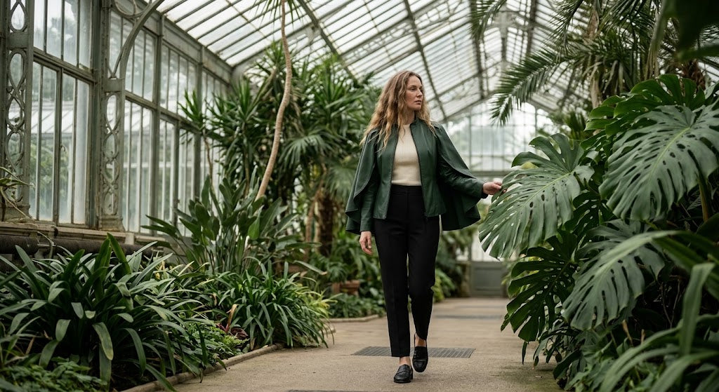 A woman walks down a path inside a glasshouse greenhouse surrounded by lush green tropical plants. She is wearing a dark green blazer, a cream top, black trousers, and black shoes.