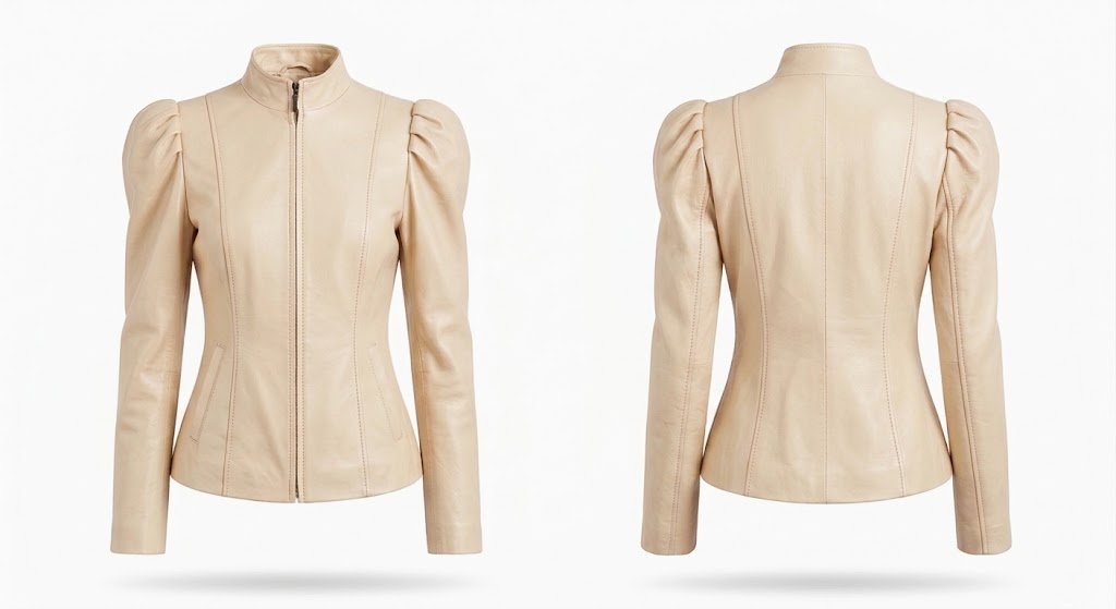 A light beige leather jacket shown from both the front and back views. The jacket features a high mock neck, a front zipper, and voluminous puffed long sleeves with a fitted waist.