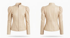 A light beige leather jacket shown from both the front and back views. The jacket features a high mock neck, a front zipper, and voluminous puffed long sleeves with a fitted waist.