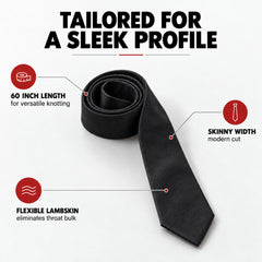 Black Genuine Lamb Leather Necktie - Premium Hand-Crafted Skinny Tie